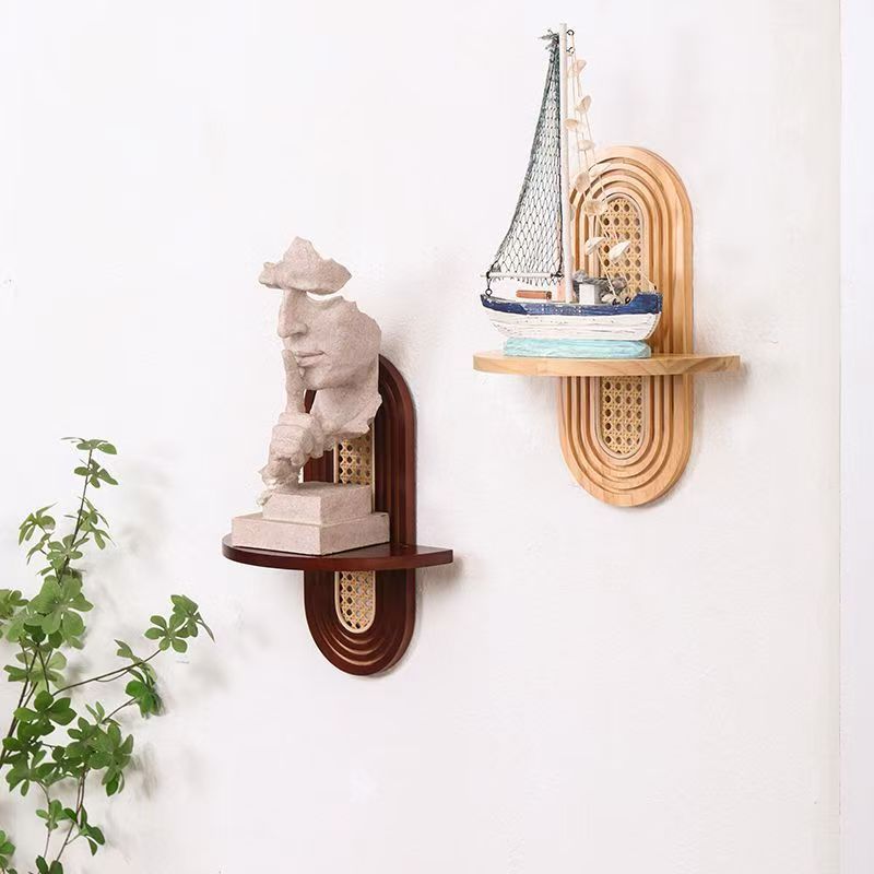 Bohemian Wall‑Mounted Wood Rattan Shelf, Decorative Wall Display Rack for Home Wall Decor