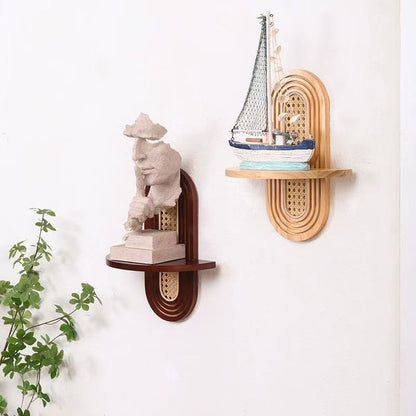 Bohemian Wall‑Mounted Wood Rattan Shelf, Decorative Wall Display Rack for Home Wall Decor